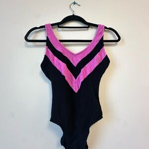 Sakura Pink and Black Bodysuit with Chevron Stripes
